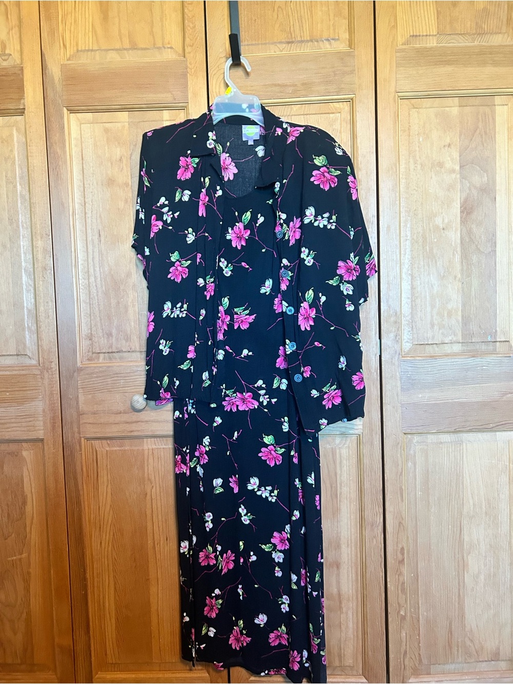 Black Floral Midi Dress with Pink Blossom Print